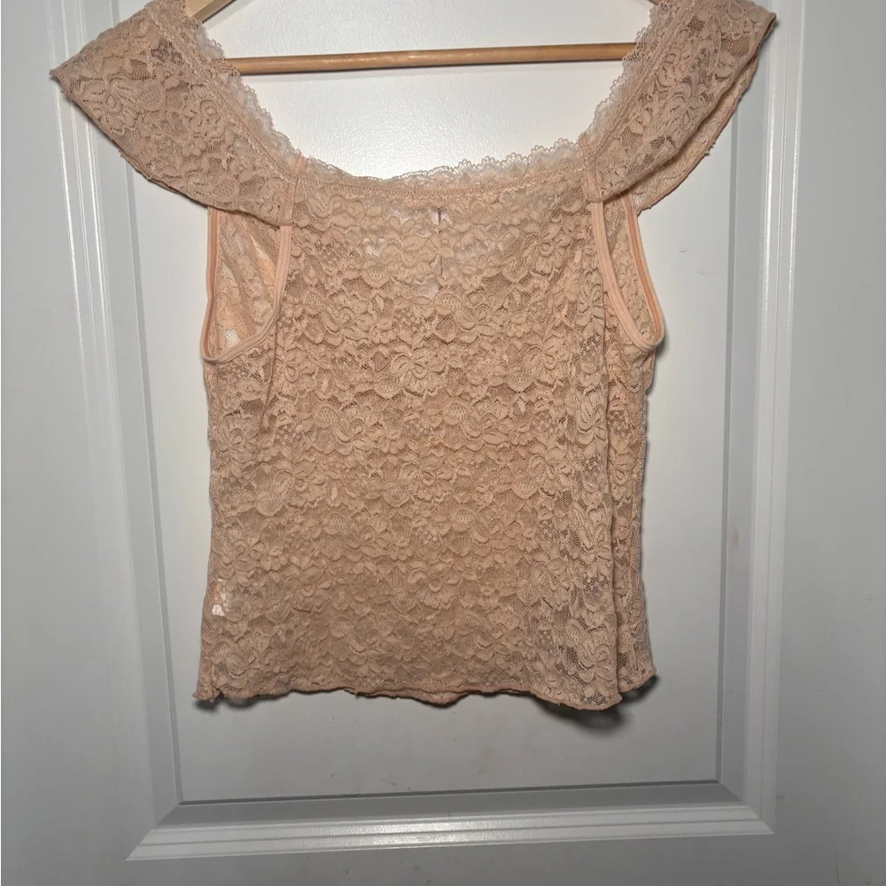Free People Style Nude Lace Off Shoulder Top | Romantic Boho Coquette Going Out - Picture 6 of 6